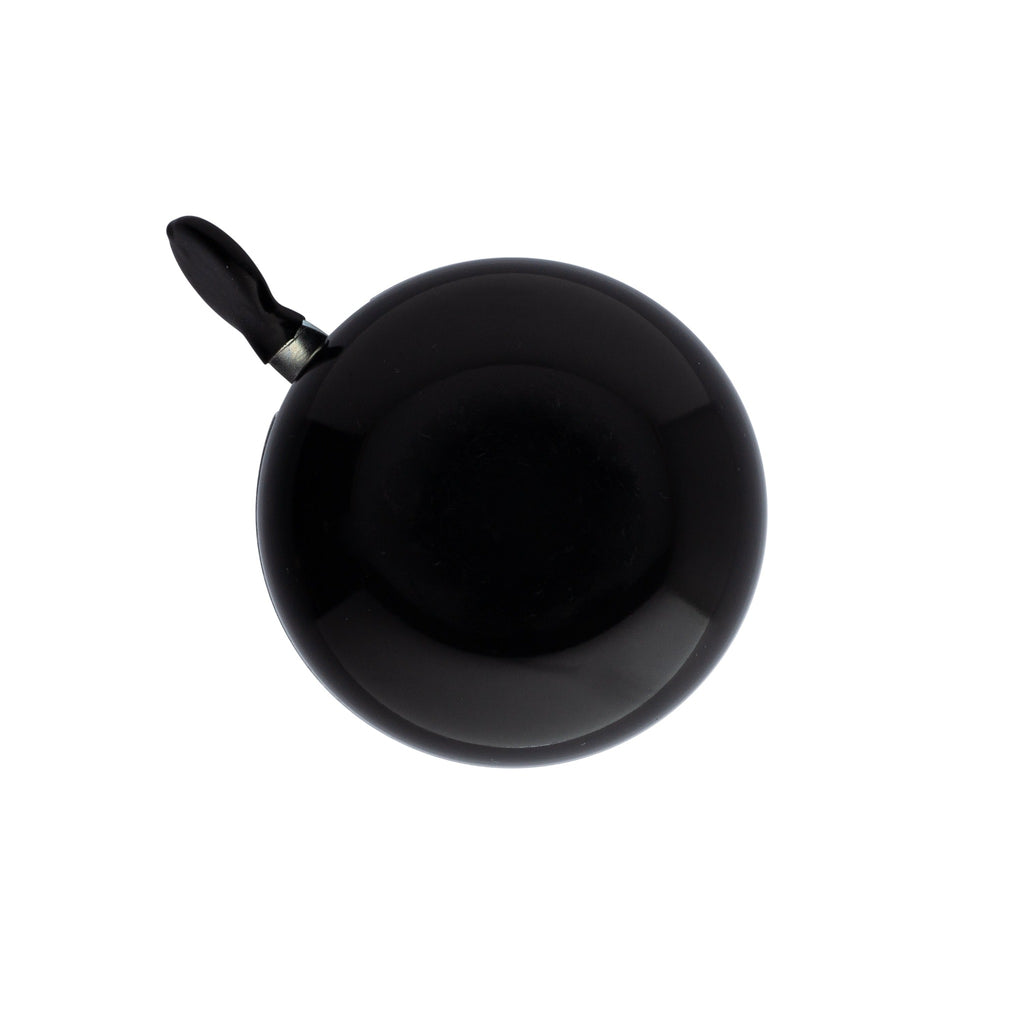 Handlebar bike bell with classic ding dong sound. Color black on a white background. top view of bike bell.